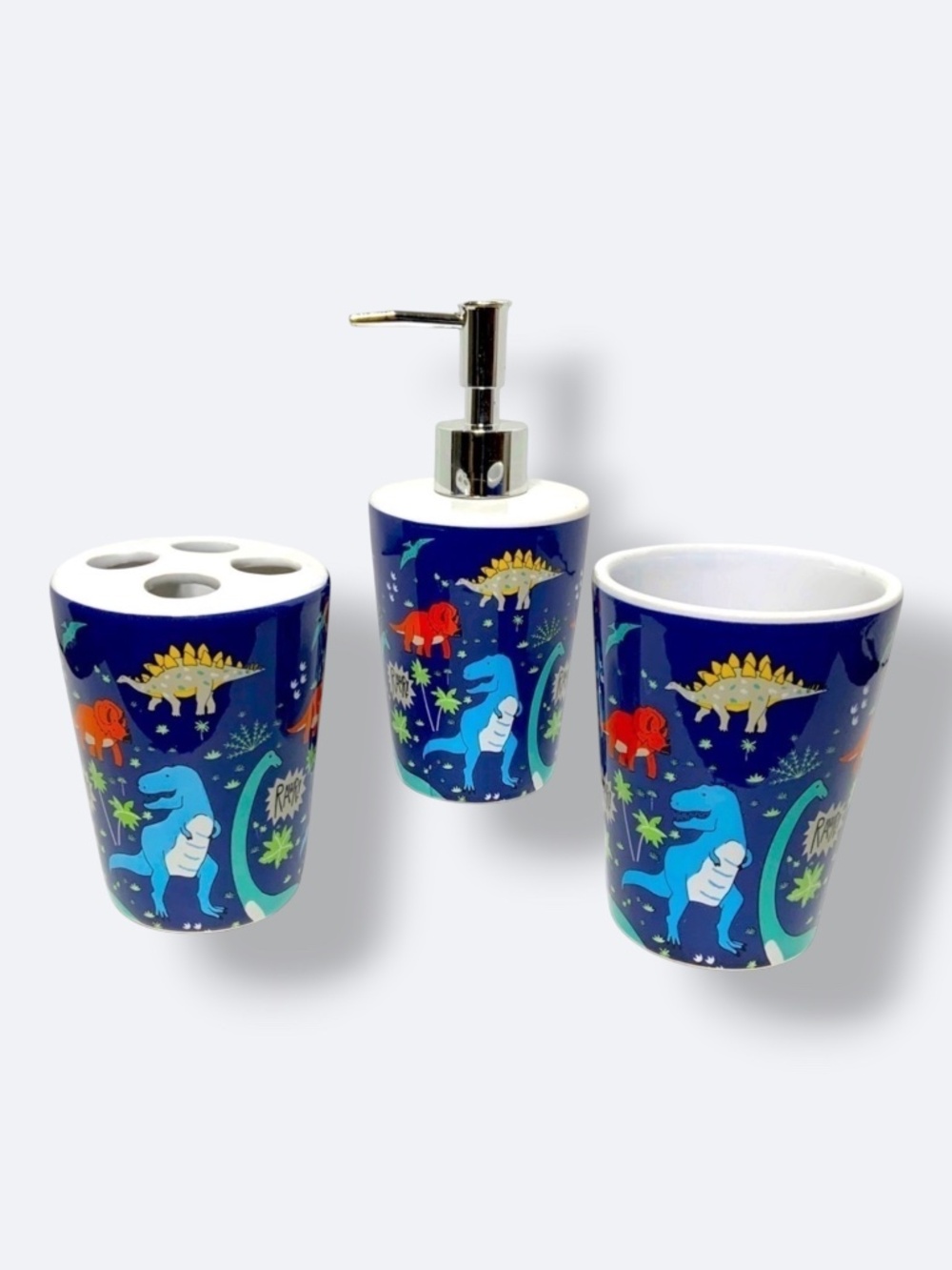 Matt & Maddie Dinosaur Bath Accessories Kids Colorful Ceramics Blue 3 Piece Set